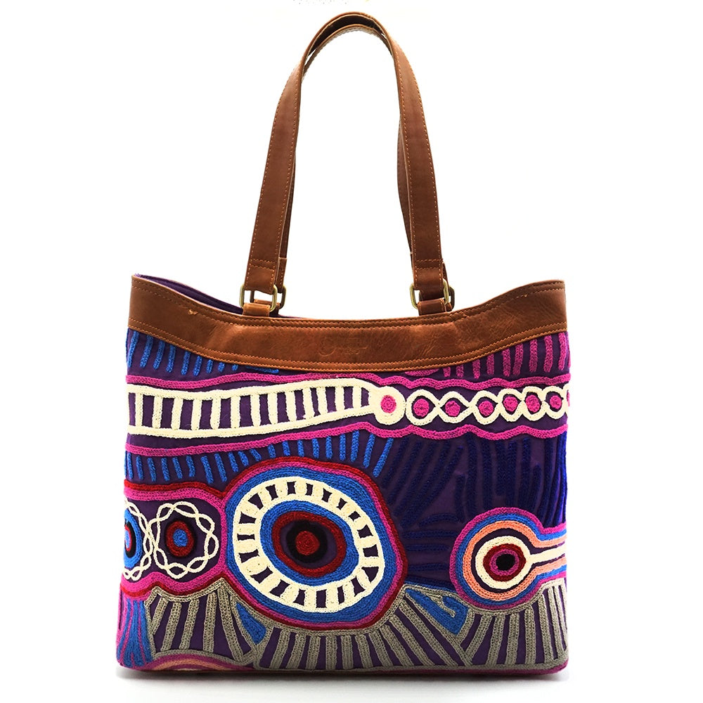 Aboriginal Art Leather/Canvas Handbag Embroidered by Murdie Nampijinpa Morris
