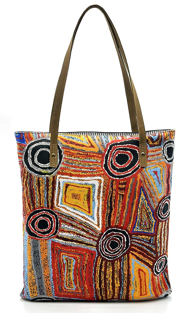 Aboriginal Art Shoulder Tote Bag Leather Trimmed by Mary Napangardi Brown