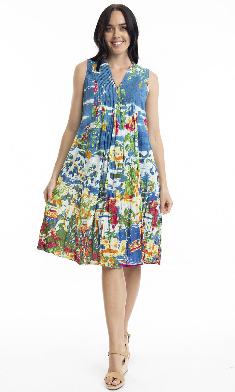 Cotton Dress V Neck Pleated, More Prints