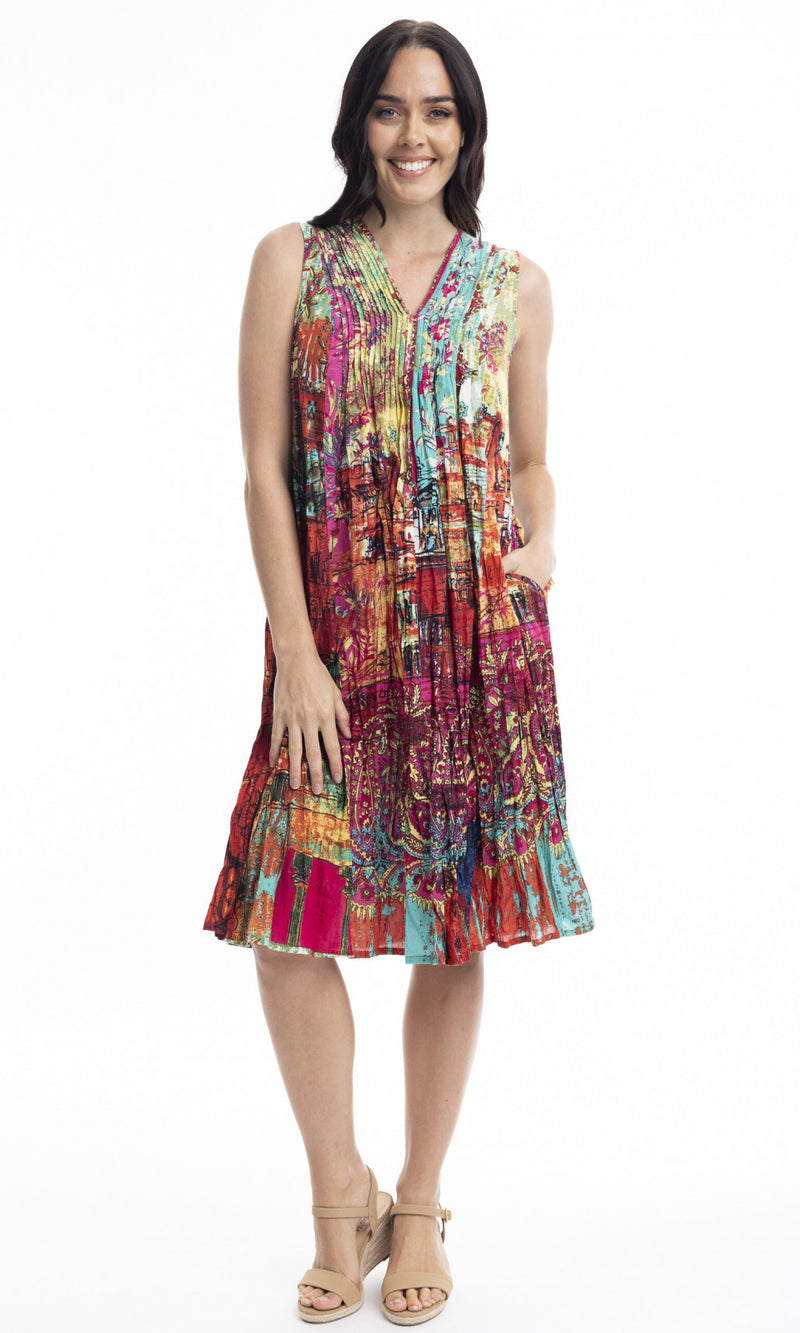 Cotton Dress V Neck Pleated, More Prints