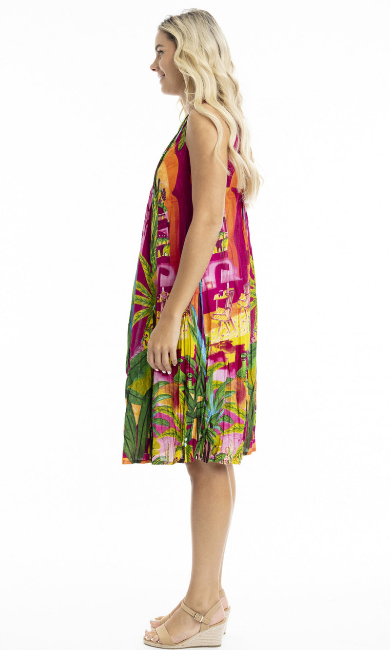 Cotton Dress V Neck Pleated, More Prints