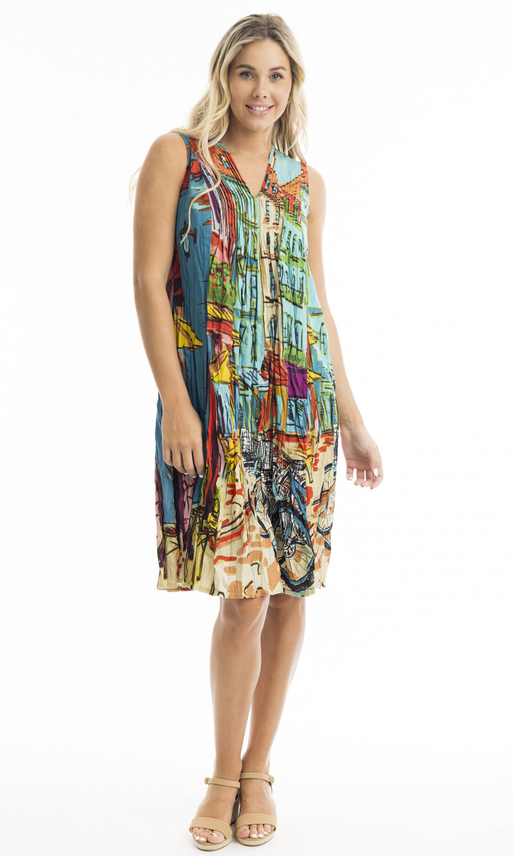 Cotton Dress V Neck Pleated, More Prints