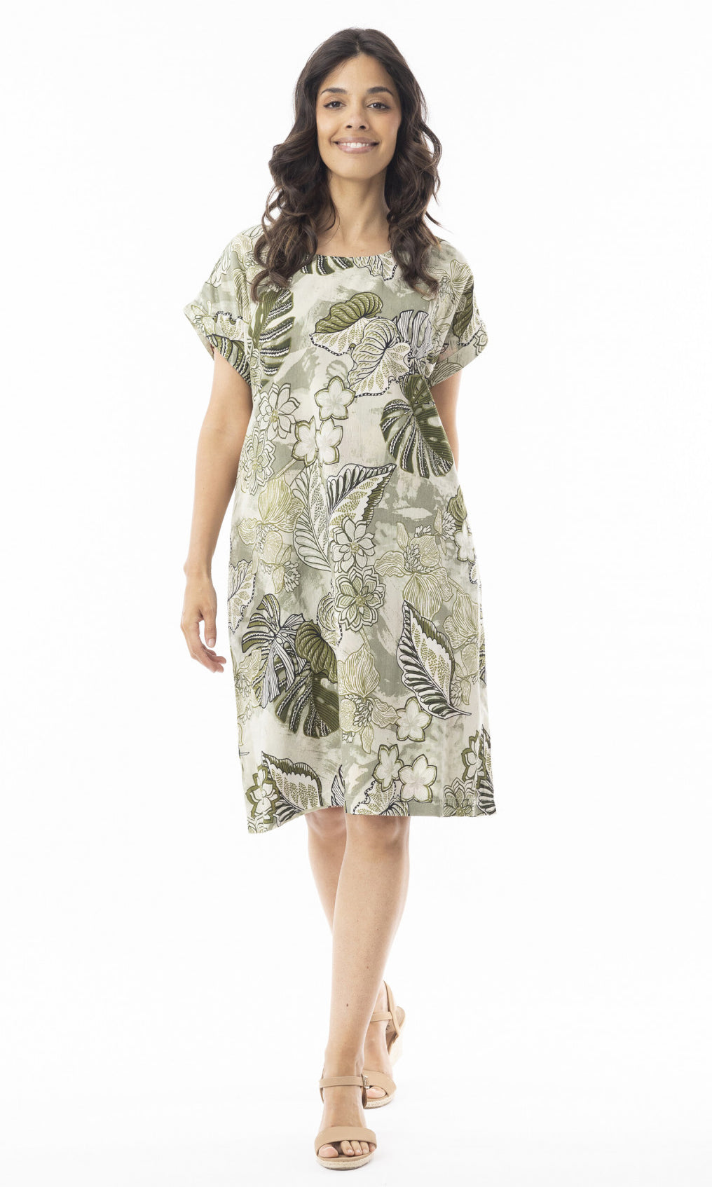 Cotton Dress Reversible Short Sleeve Round Neck Lima Olive