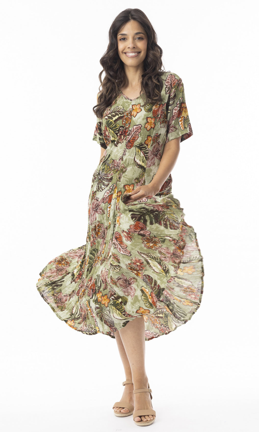 Rayon Dress Godet Short Sleeve Lima Olive