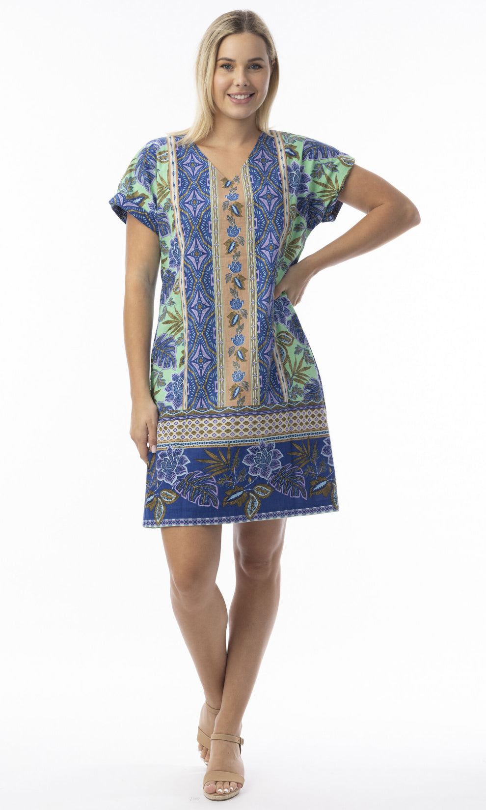 Cotton Dress Reversible Short Sleeve V Neck Las Cuevas