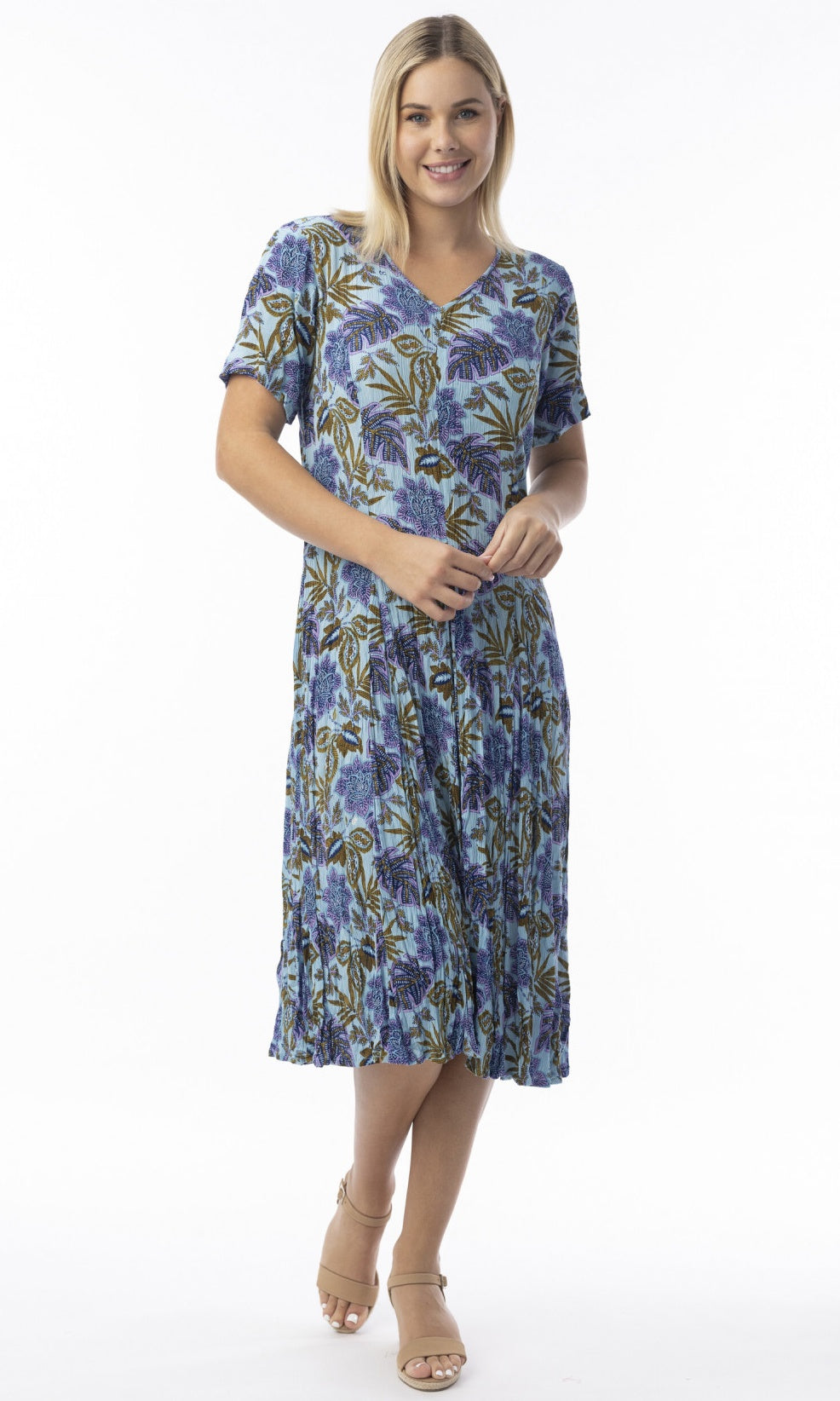 Crinkle Rayon Dress Godet Short Sleeve Las Cuevas