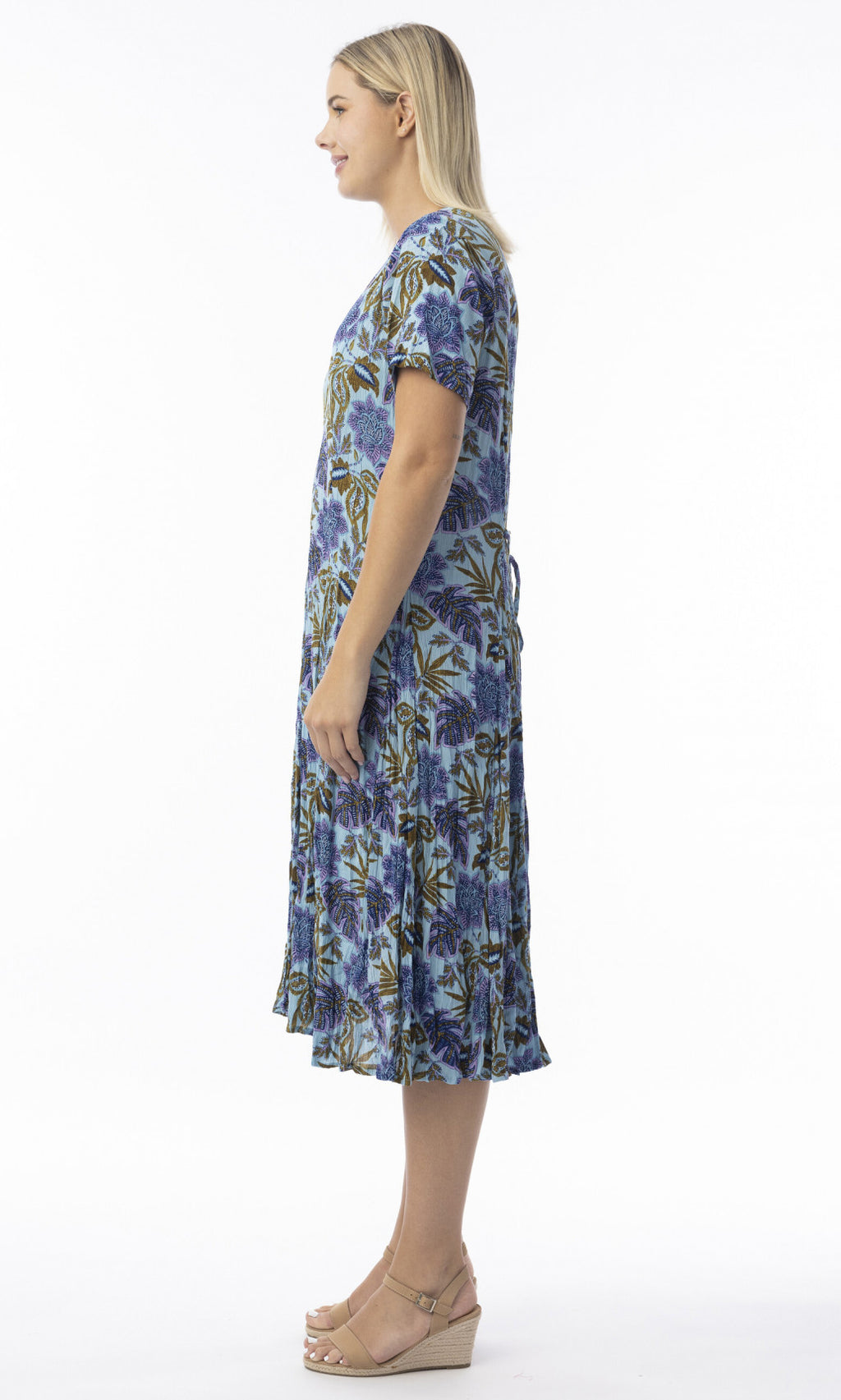 Crinkle Rayon Dress Godet Short Sleeve Las Cuevas