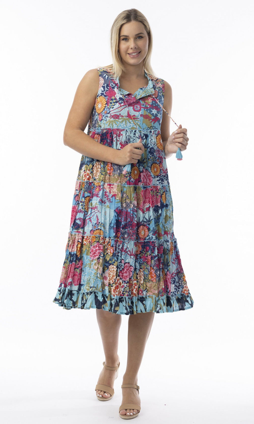 Crinkle Cotton Dress Boho Sleeveless Ikebana