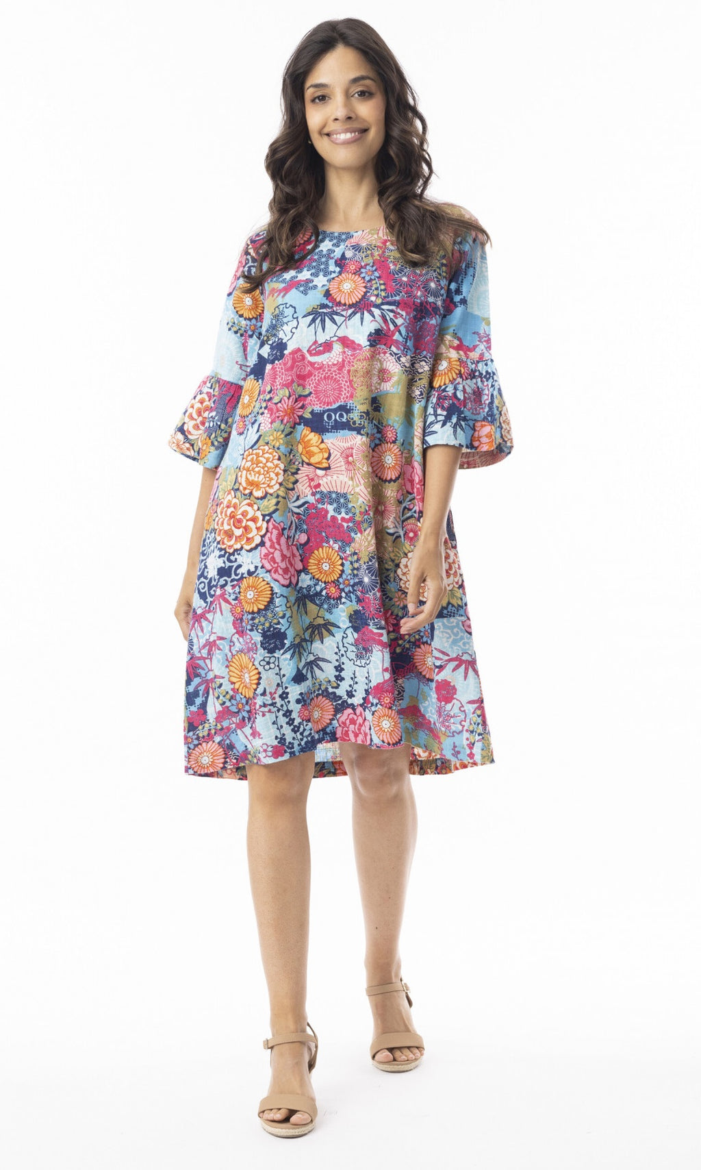 Cotton Dress Contemporary Frill Sleeve Ikebana