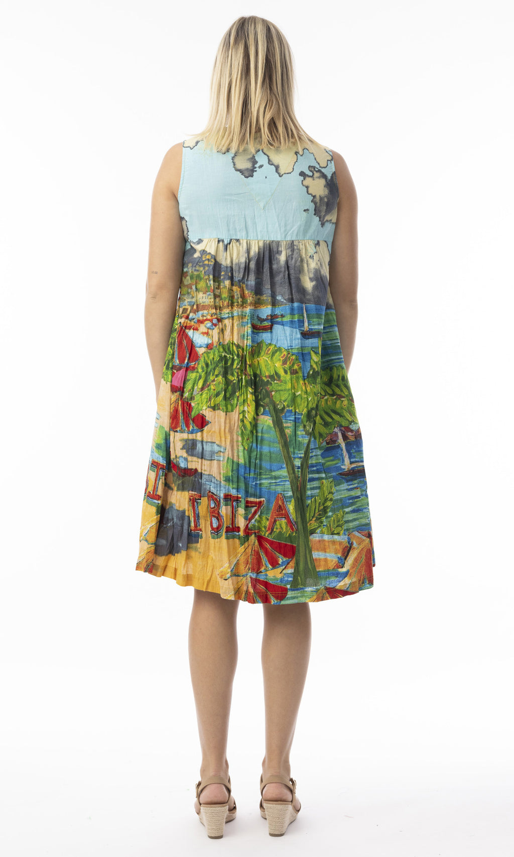 Crinkle Cotton Dress V Neck Pleated Ibiza