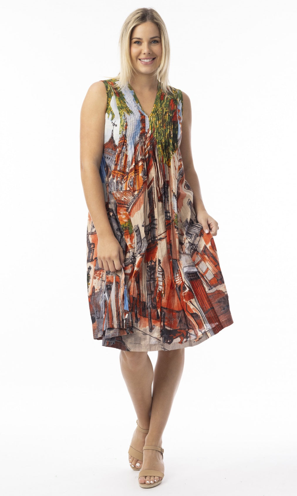 Cotton Dress V Neck Pleated Tower Peach