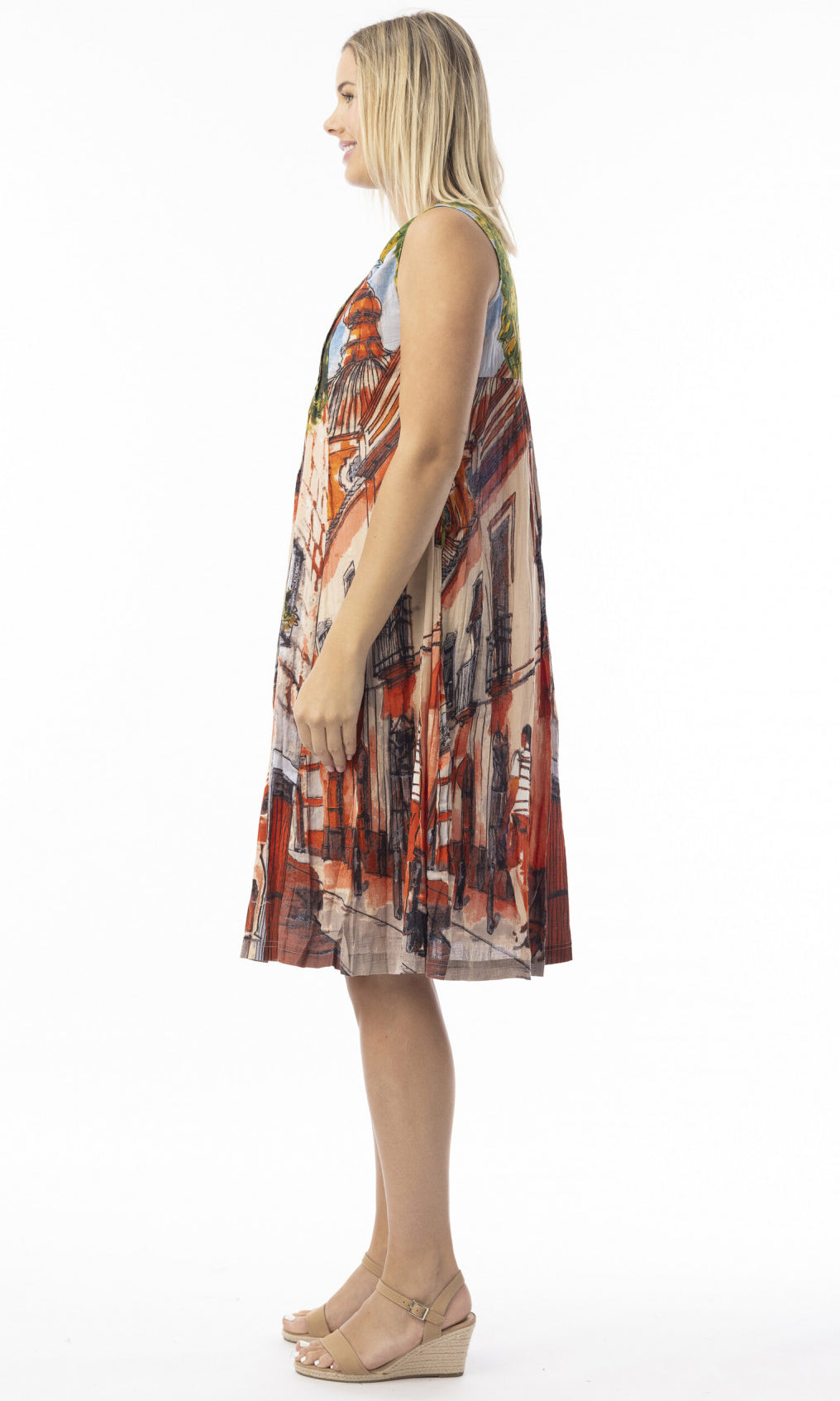 Cotton Dress V Neck Pleated Tower Peach