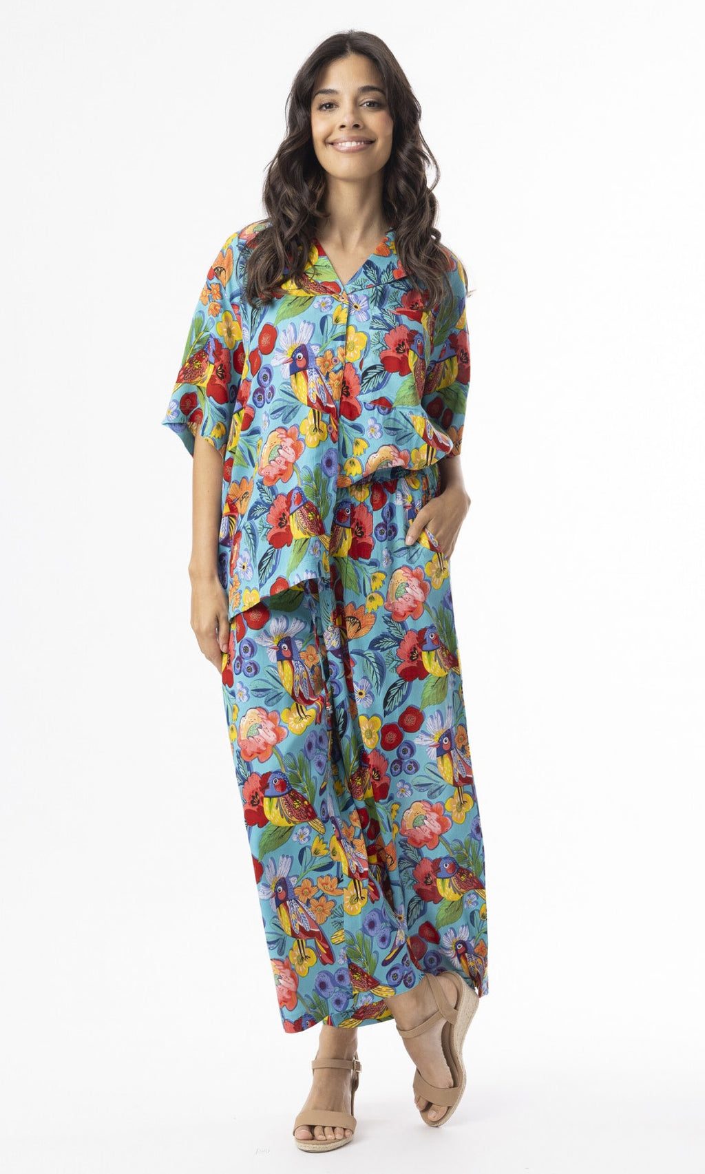 Rayon Oversized Button Thru Top Birds Print
