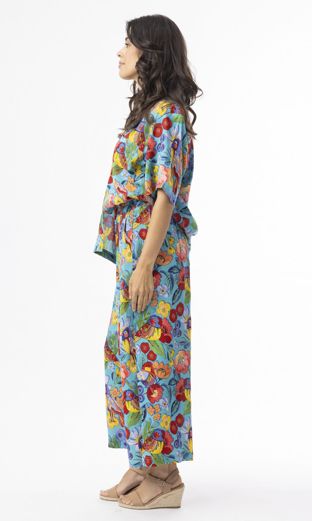Rayon Oversized Button Thru Top Birds Print