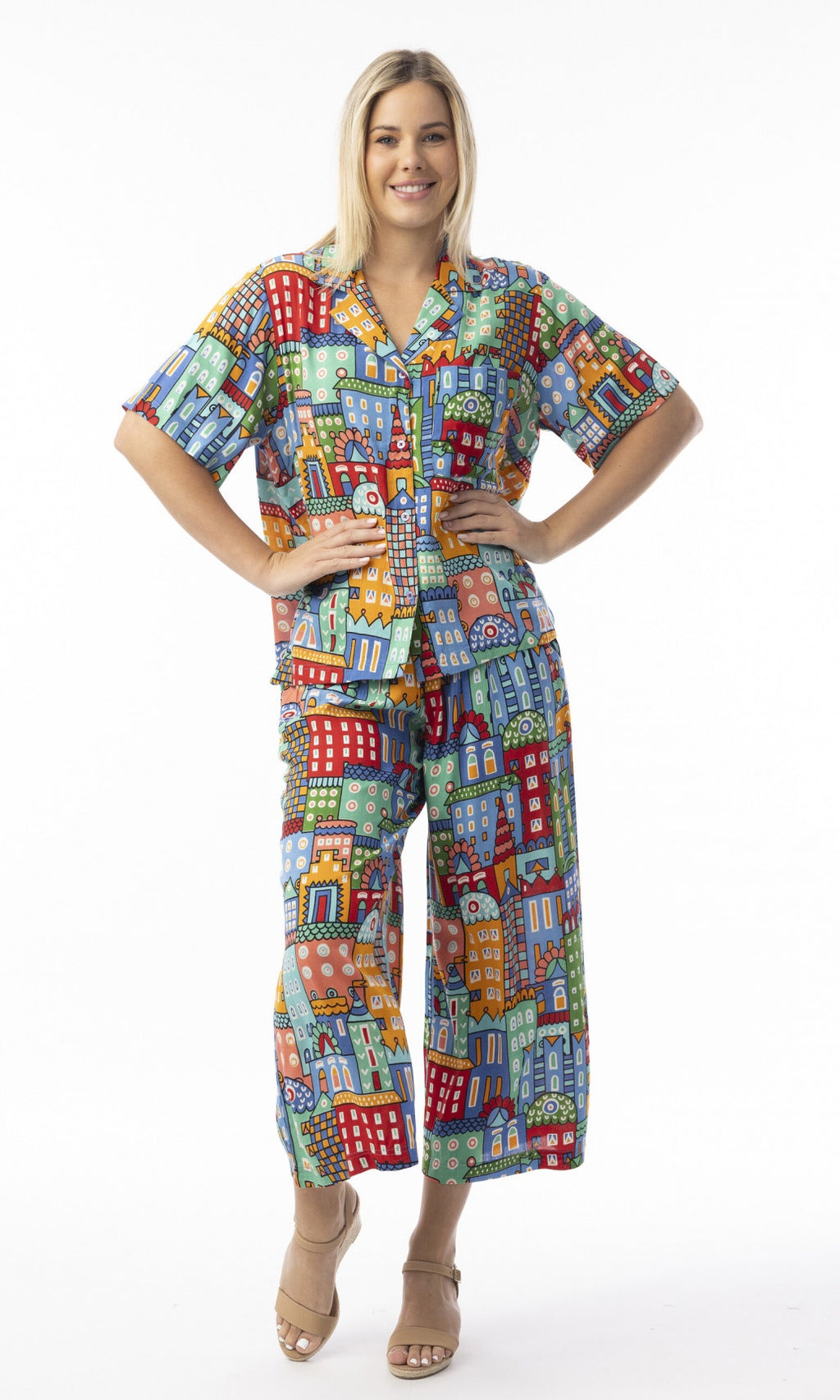 Rayon Oversized Button Thru Top City Print