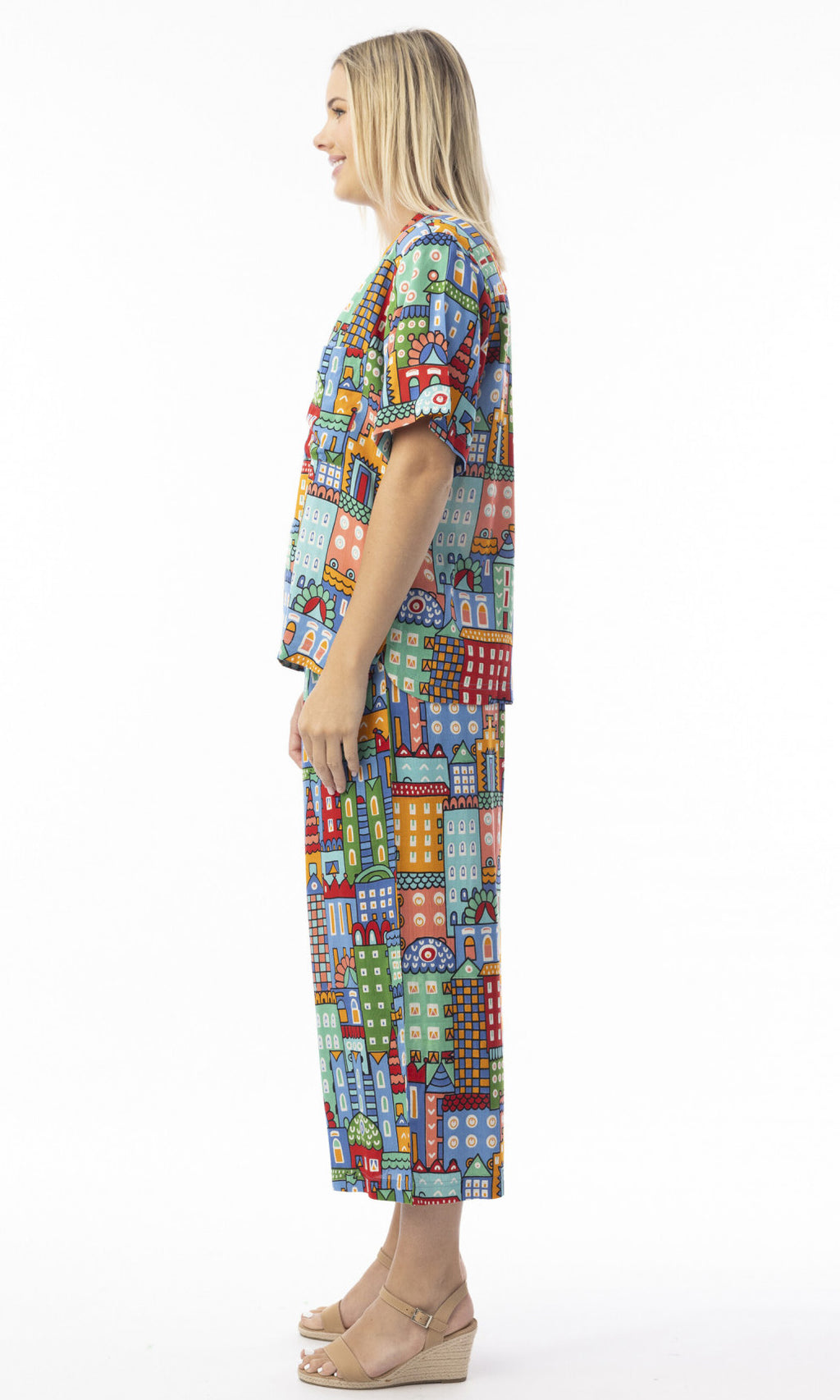 Rayon Oversized Button Thru Top City Print