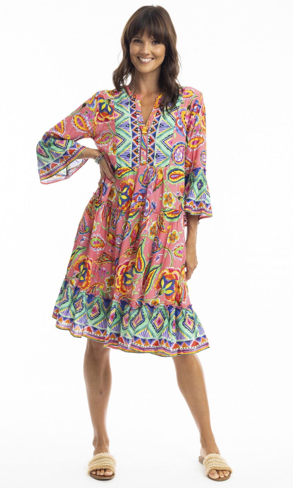 Rayon Dress Layers 3/4 Sleeve Gabriella Pink