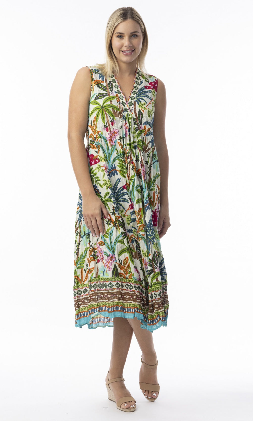 Cotton Dress Ruched V Neck Sleeveless Ovahe