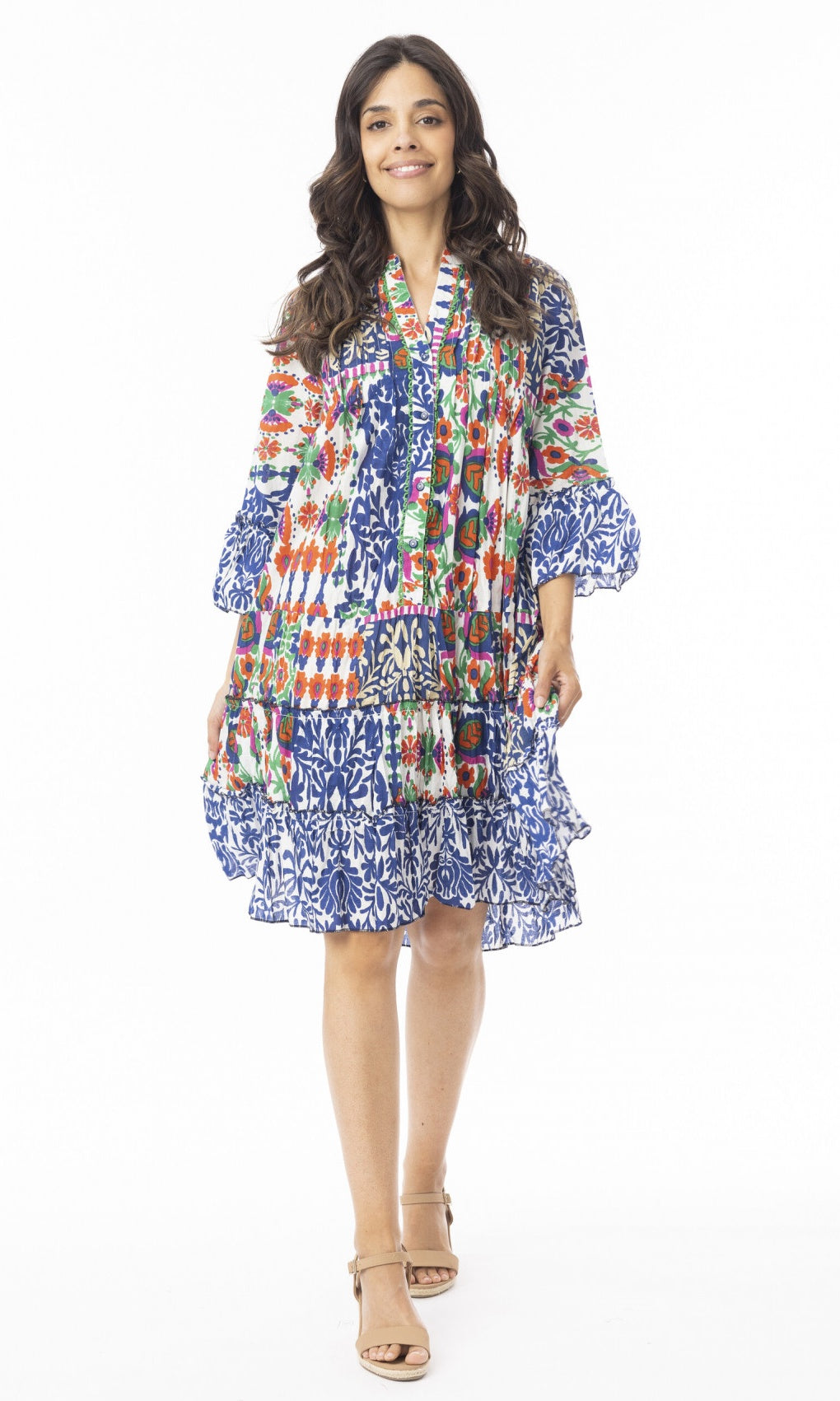 Crinkle Cotton Dress Layers Frill Sleeve Buzios