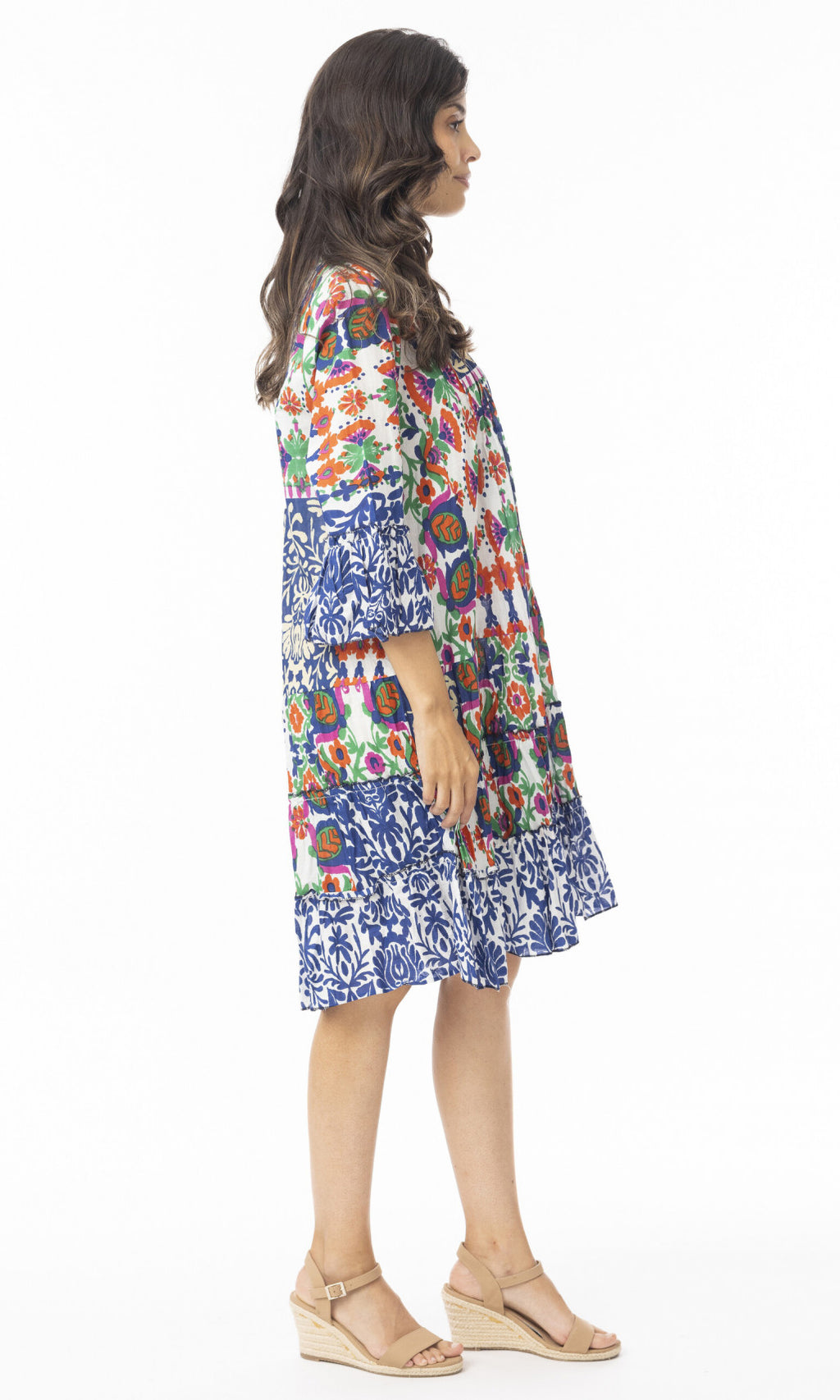 Crinkle Cotton Dress Layers Frill Sleeve Buzios