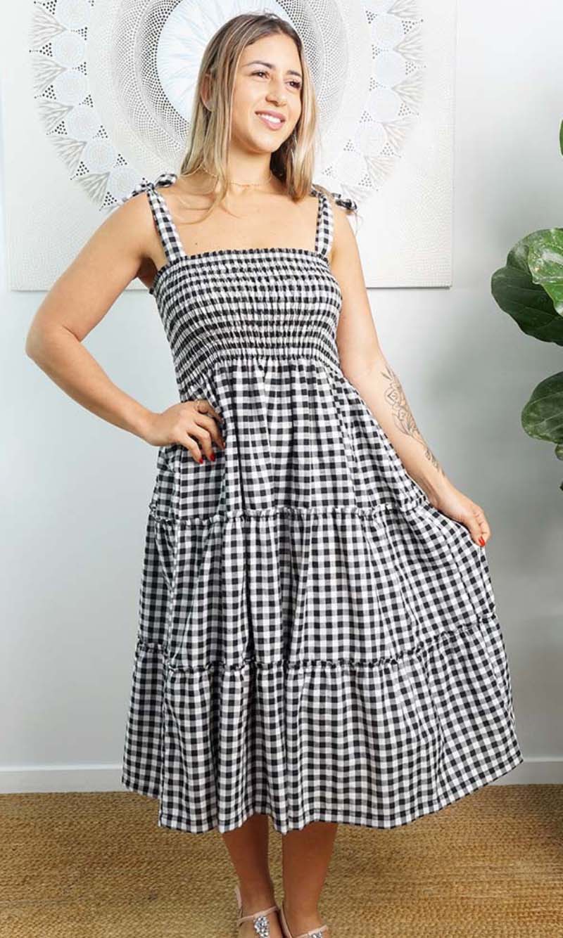 Rayon 3/4 Tie Up Smock Dress Gingham, More Colours