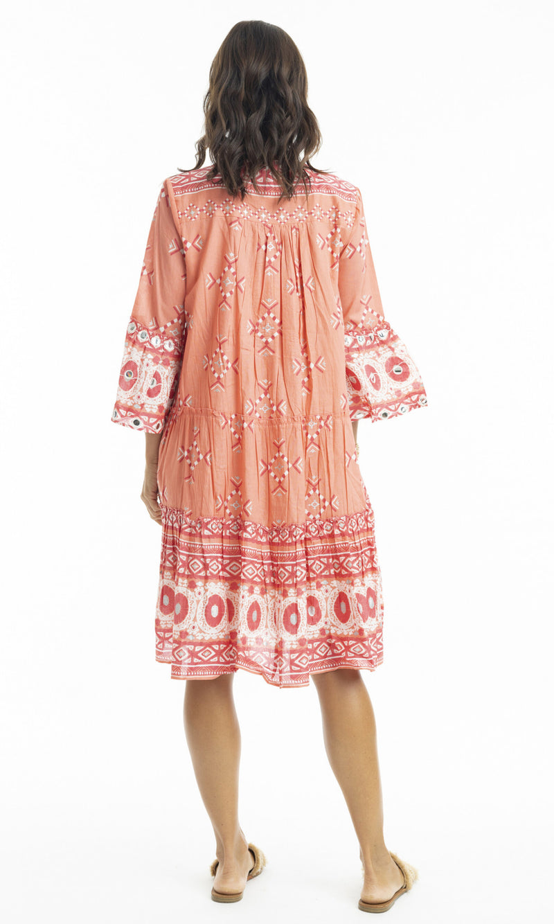 Cotton Dress Layered with Frill Sleeve Heidi Coral