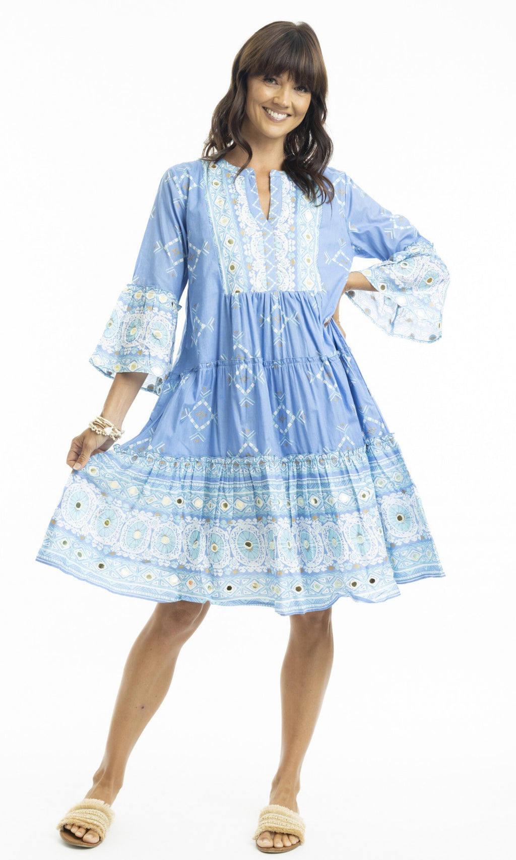 Cotton Dress Layered with Frill Sleeve Heidi Blue