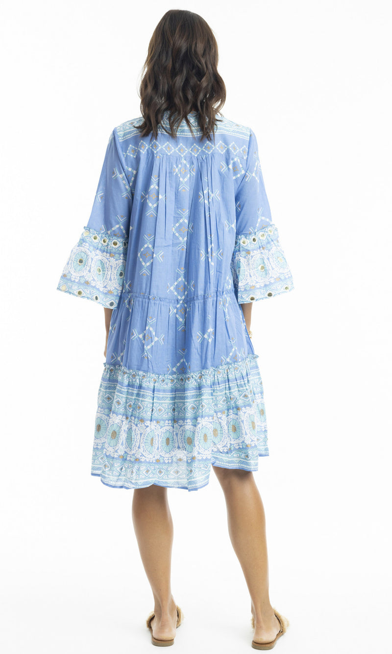 Cotton Dress Layered with Frill Sleeve Heidi Blue