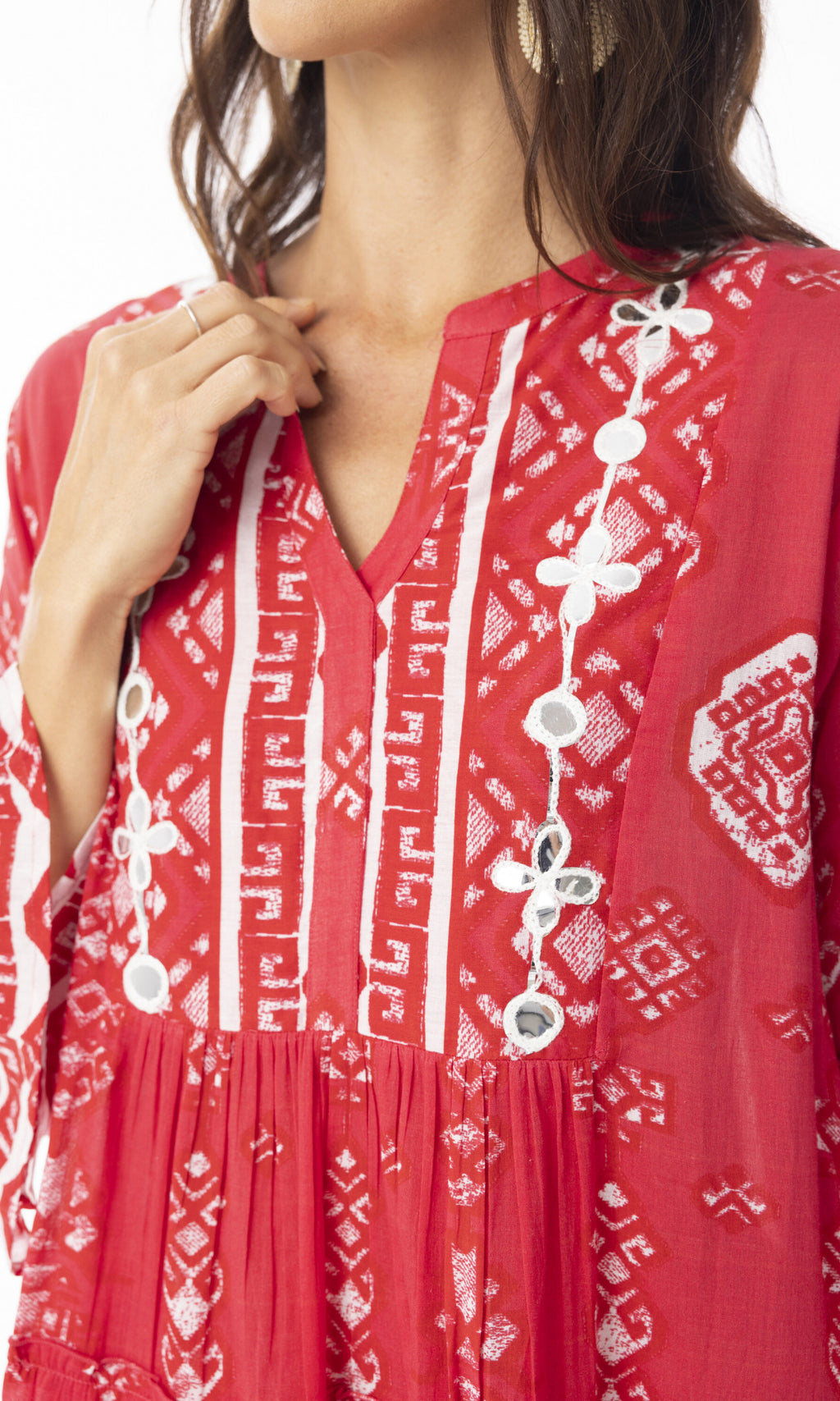 Cotton Dress Layered with Frill Sleeve Carla Red