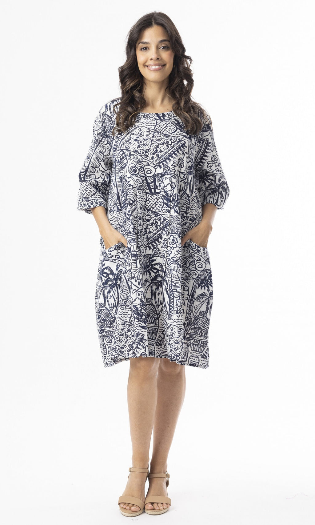 Cotton Dress Elbow Sleeve Aksharay Navy