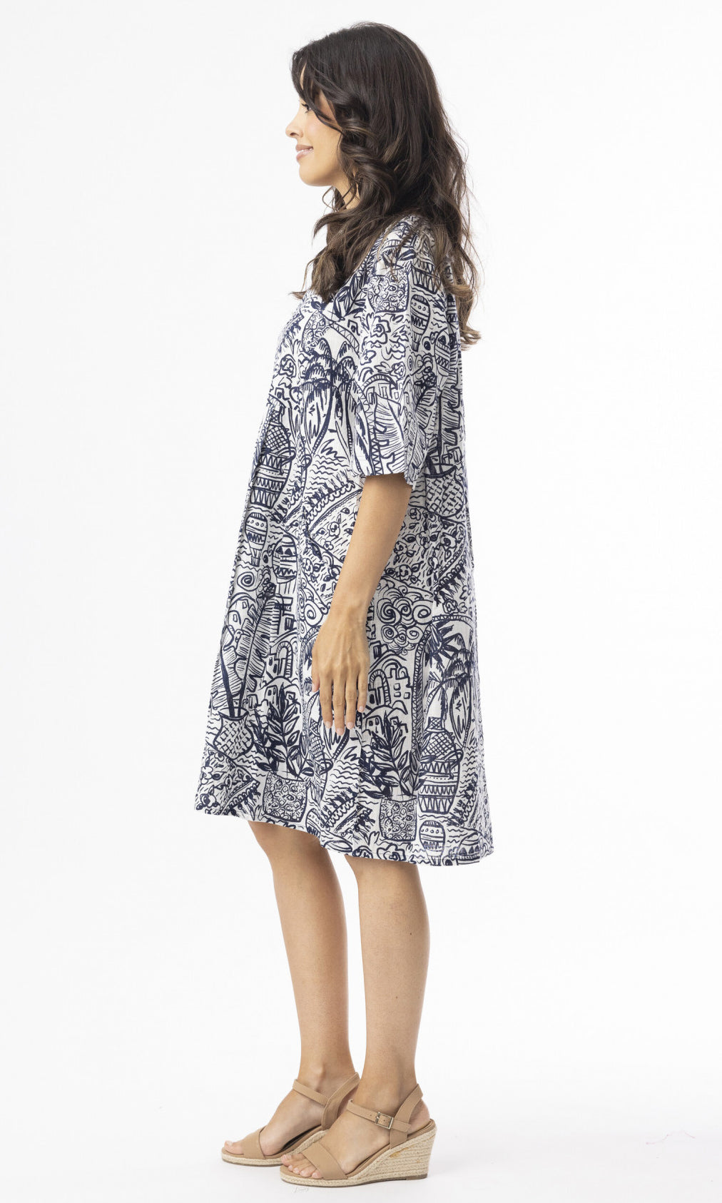 Cotton Dress Elbow Sleeve Aksharay Navy