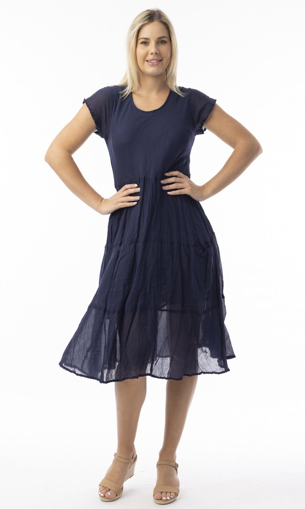 Cotton Dress Bias Pockets Gauze Essentials Navy
