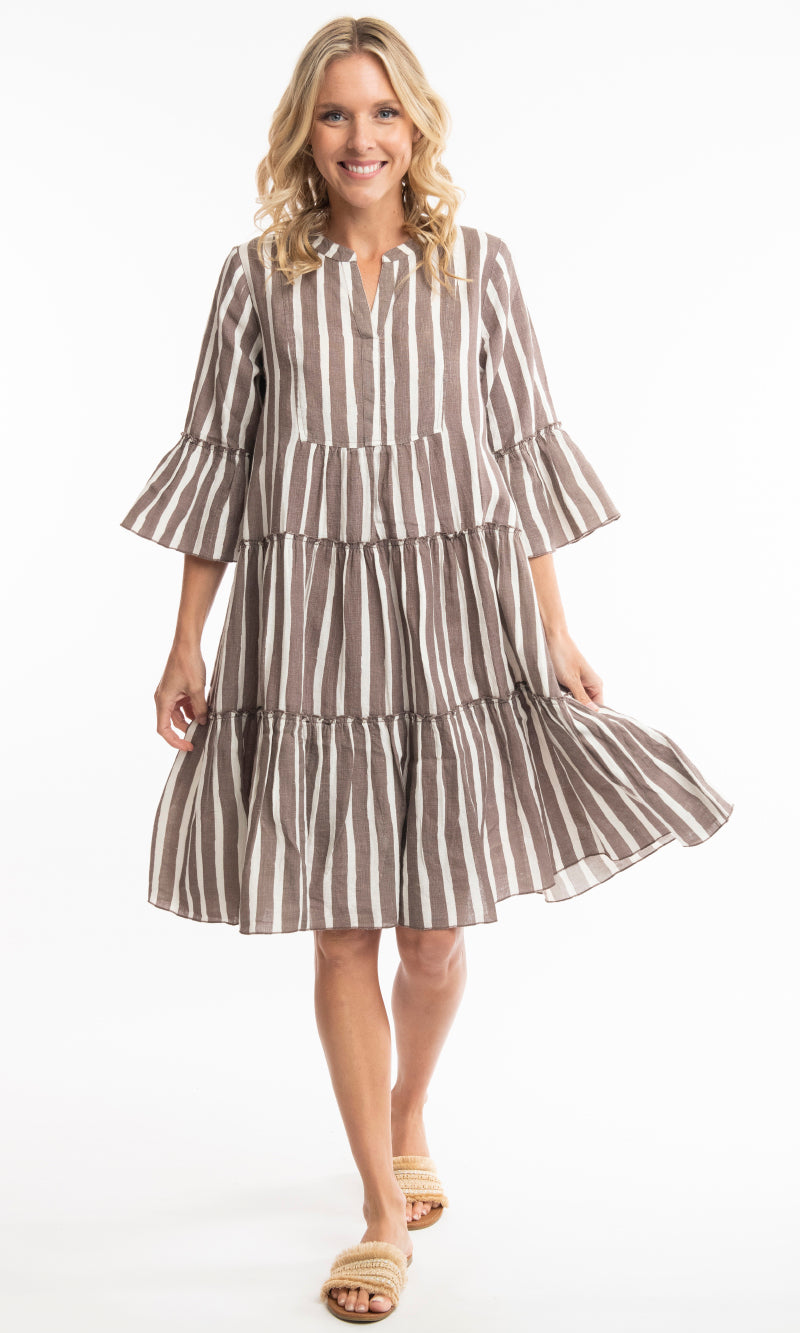 Pure Linen Dress Frill Stripe, More Colours