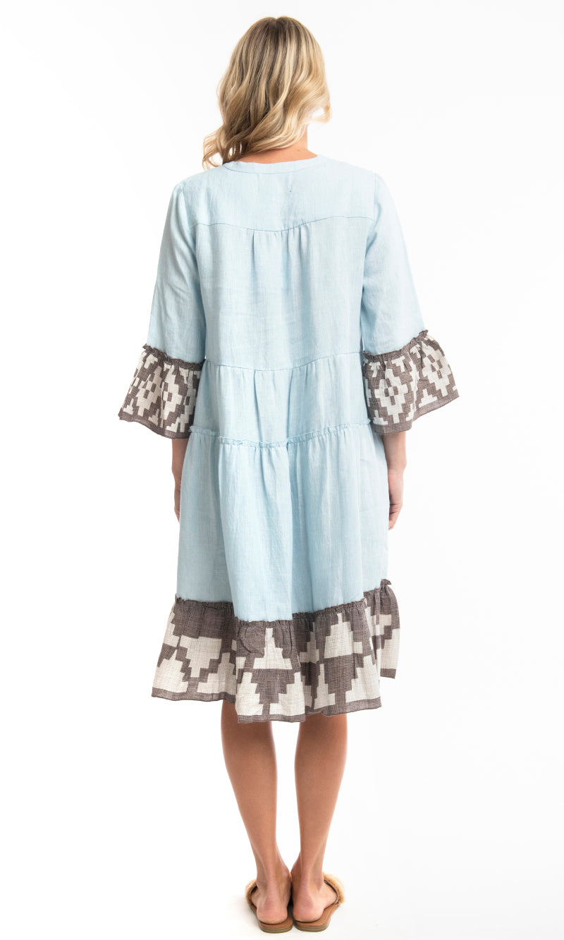 Pure Linen Dress 3/4 Sleeve Border Print