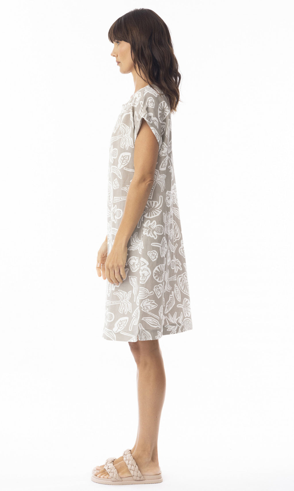Linen Dress Cap Sleeve Print Sand