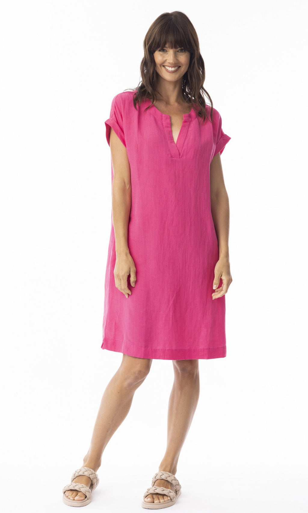 Linen Dress Cap Sleeve Solid Hot Pink