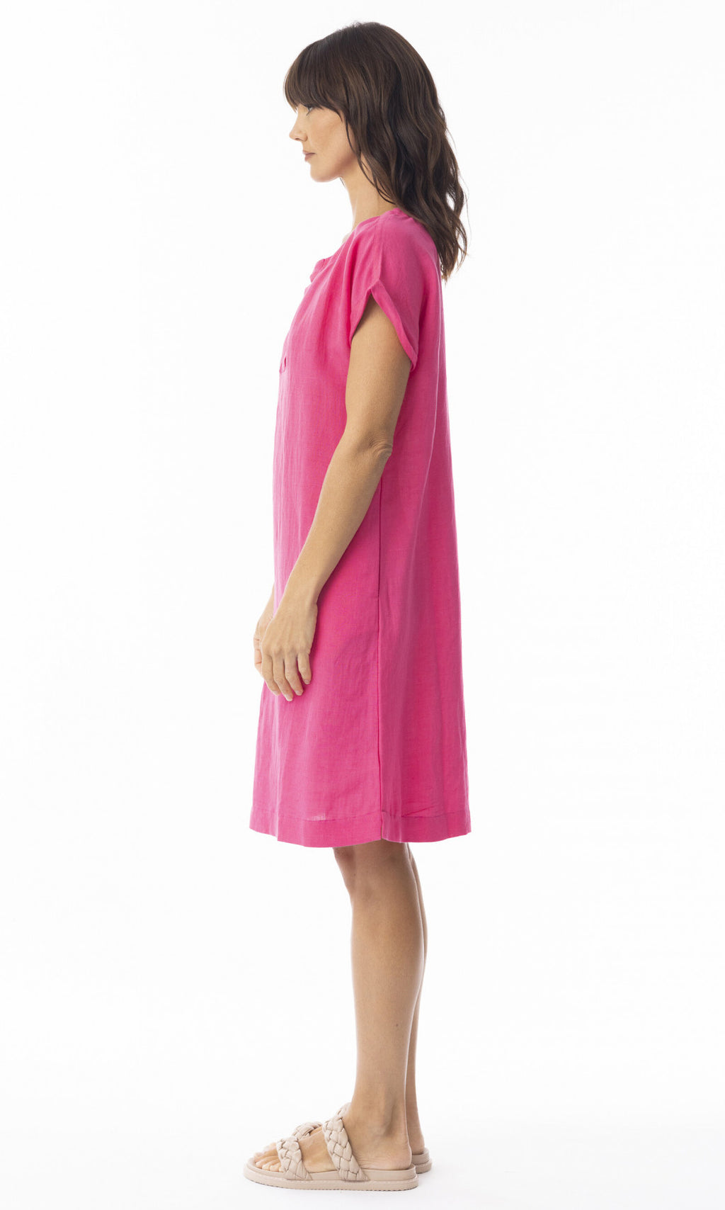 Linen Dress Cap Sleeve Solid Hot Pink