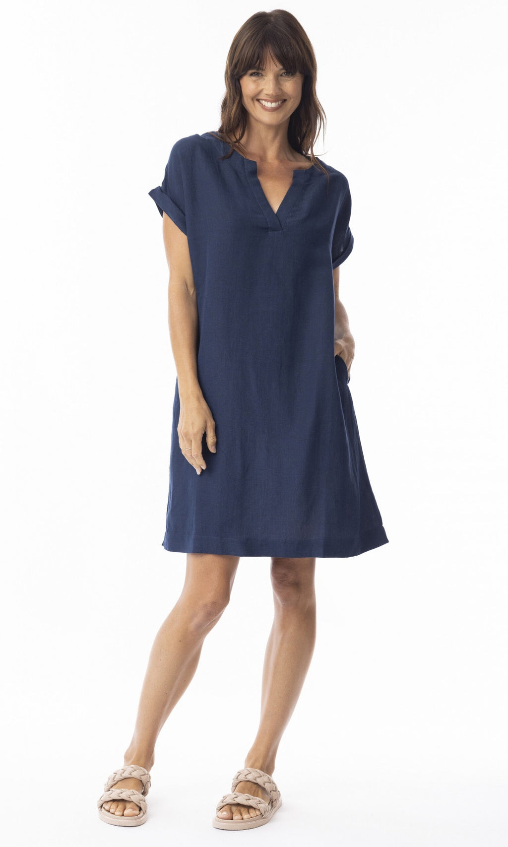 Linen Dress Cap Sleeve Solid Navy