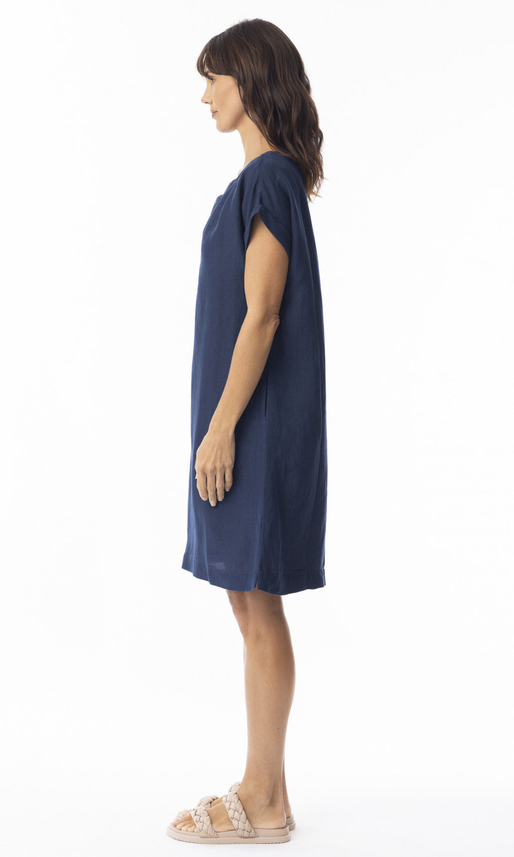 Linen Dress Cap Sleeve Solid Navy