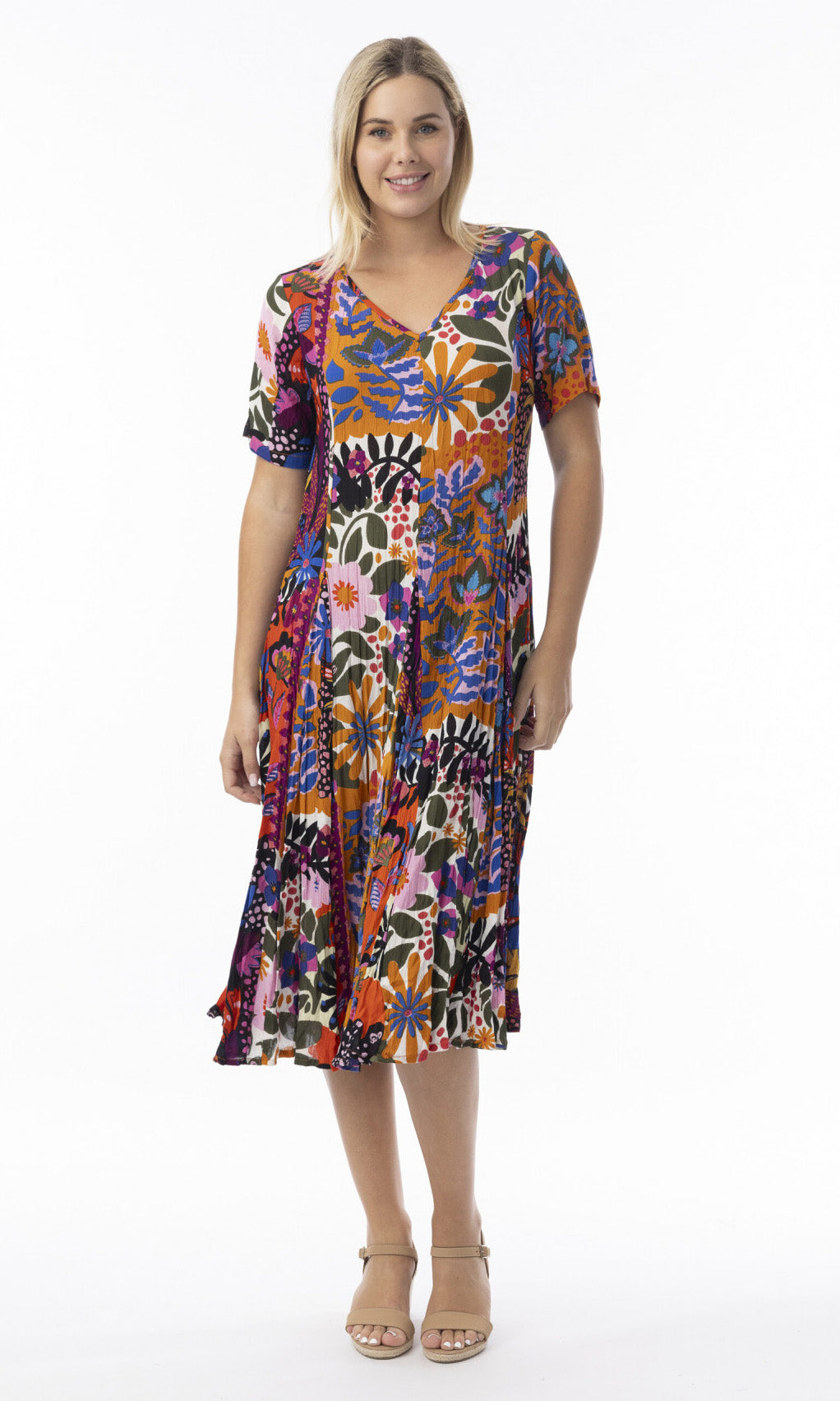 Crinkle Rayon Dress Godet Short Sleeve Salvador