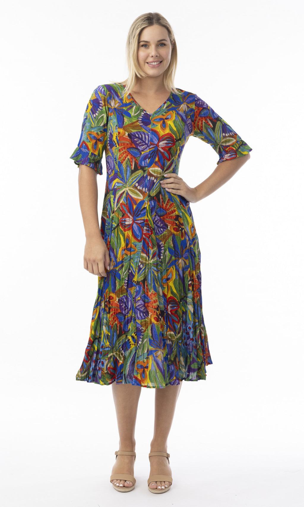 Crinkle Rayon Dress Godet Short Sleeve Zapallar