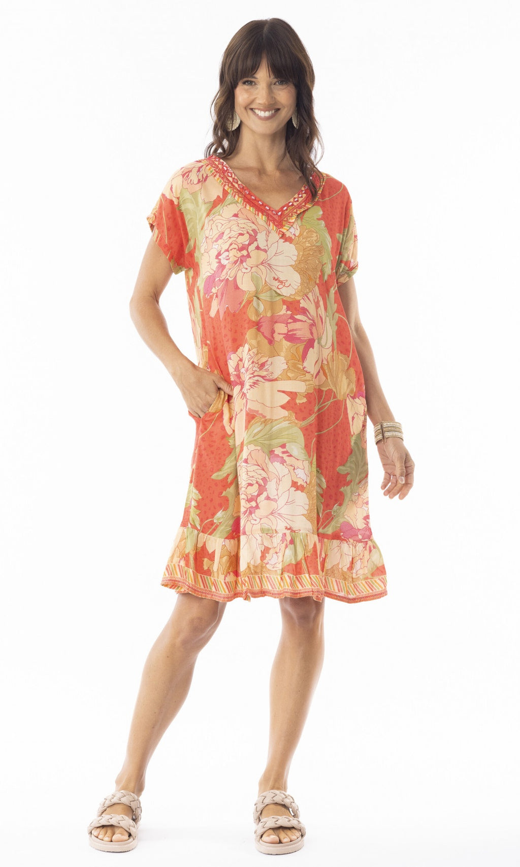 Rayon Dress Short Sleeve Frill Hem Rosa