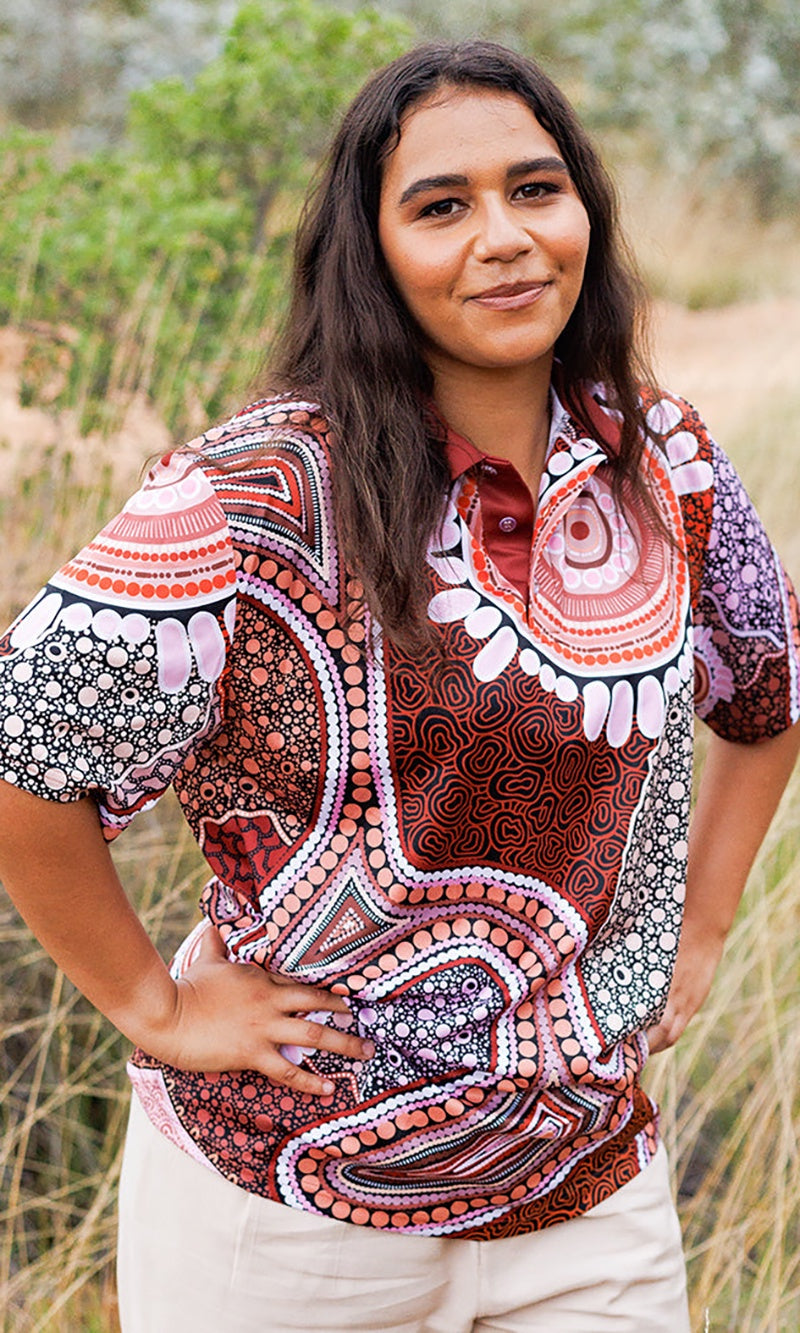 Aboriginal Art Ladies Fitted Polo A Pathway to Healing