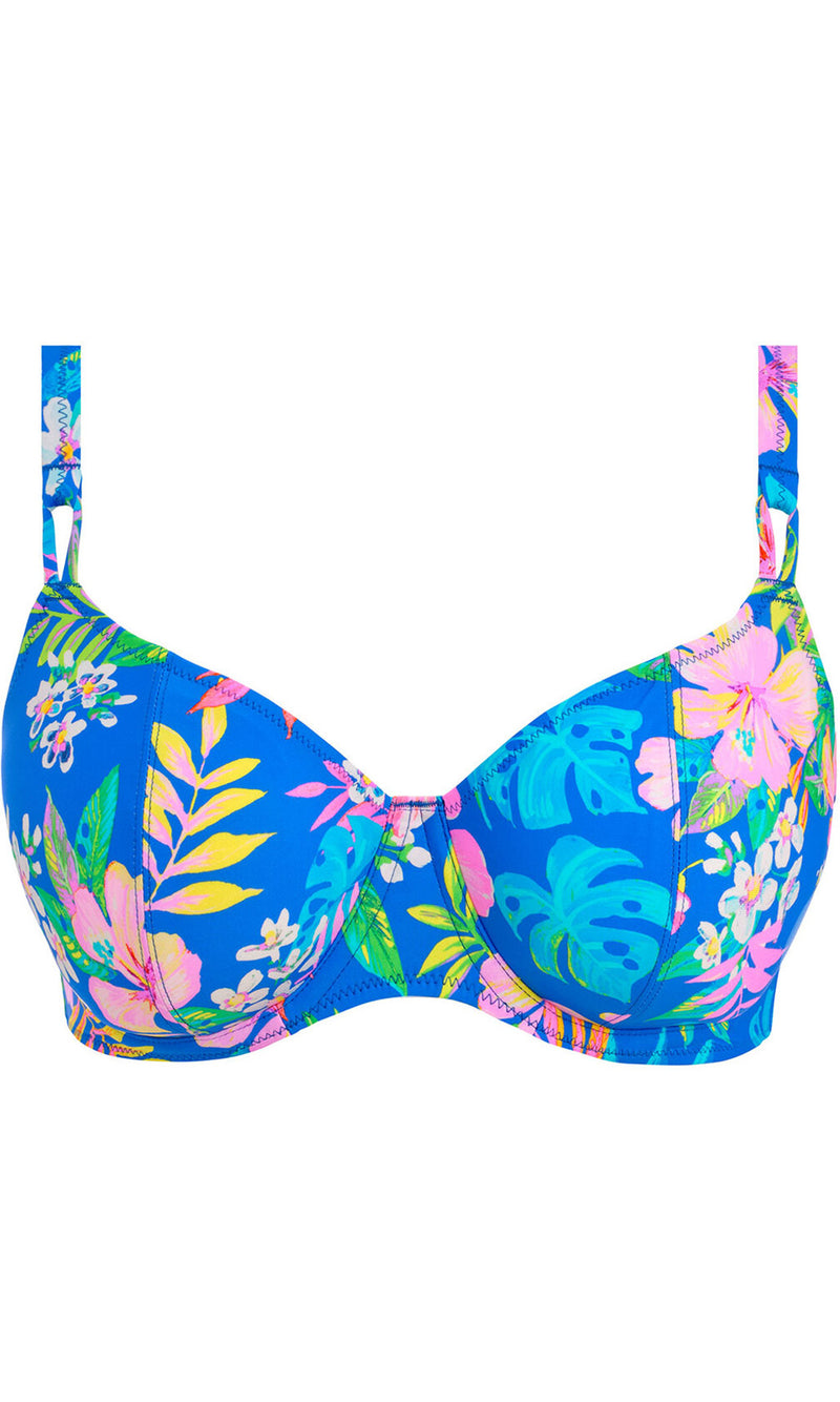 Hot Tropics Blue UW Plunge Bikini Top, Special Order D Cup to HH Cup