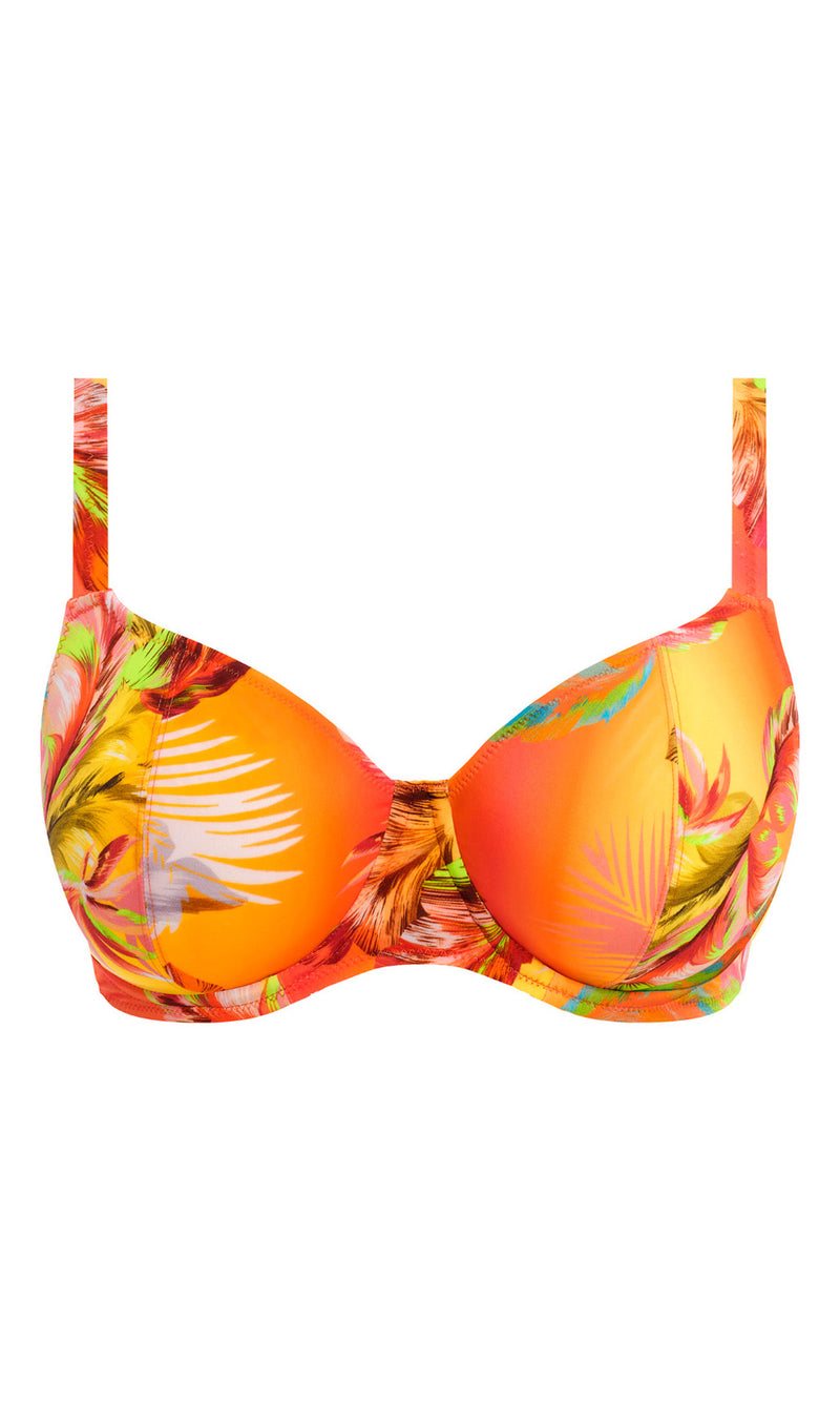 Miami Sunset Papaya UW Plunge Bikini Top, Special Order D Cup to J Cup