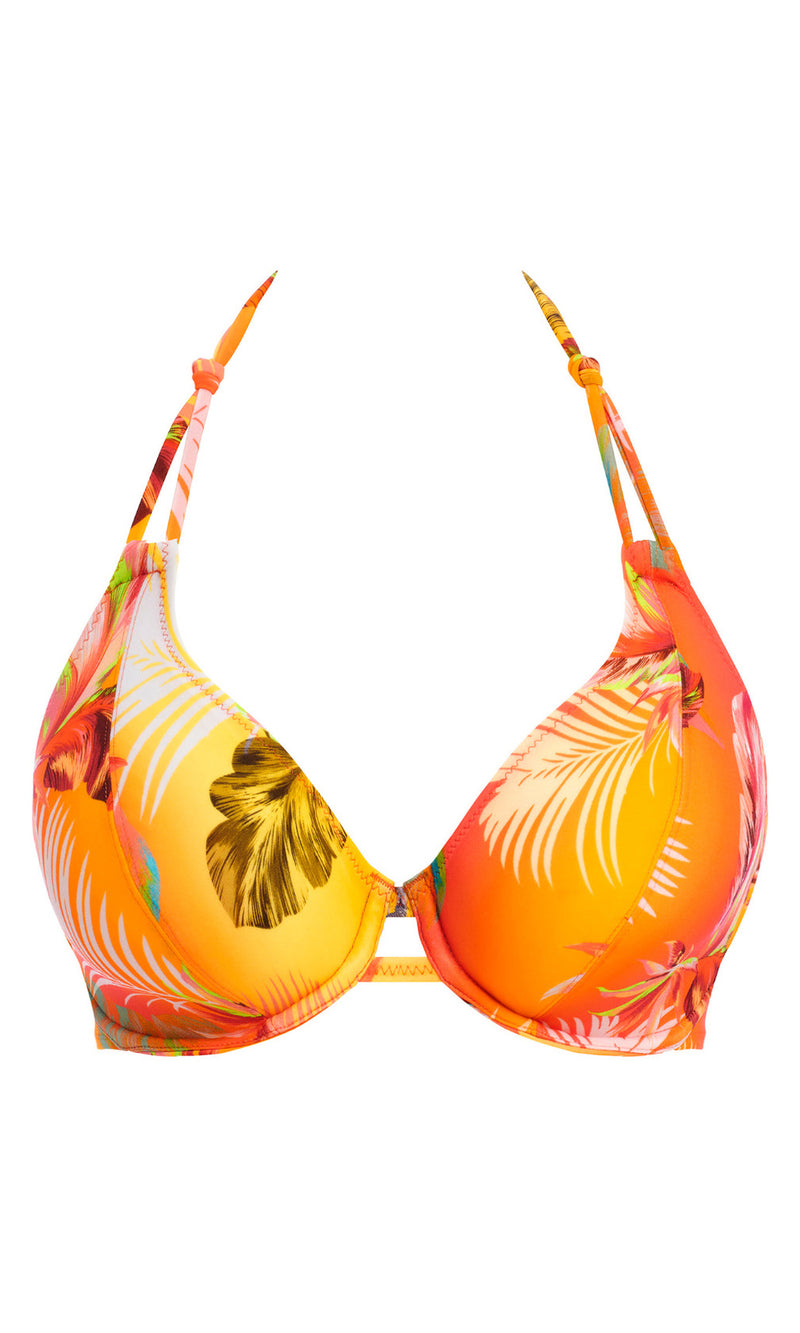 Miami Sunset Papaya UW Halter Bikini Top, Special Order D Cup to FF Cup