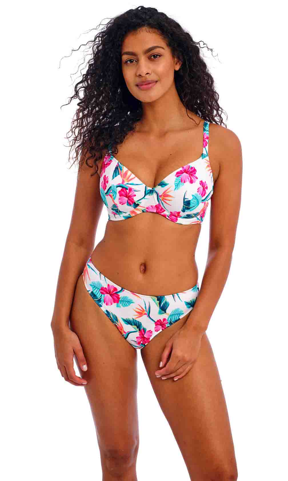 Palm Paradise White UW Plunge Bikini Top, Special Order D Cup to J Cup