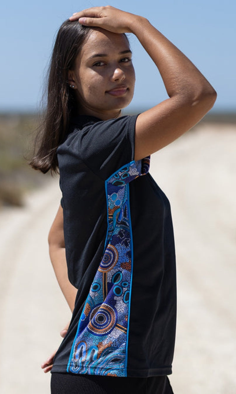 Aboriginal Art Ladies Fitted Bamboo (Simpson) Polo Calm Place
