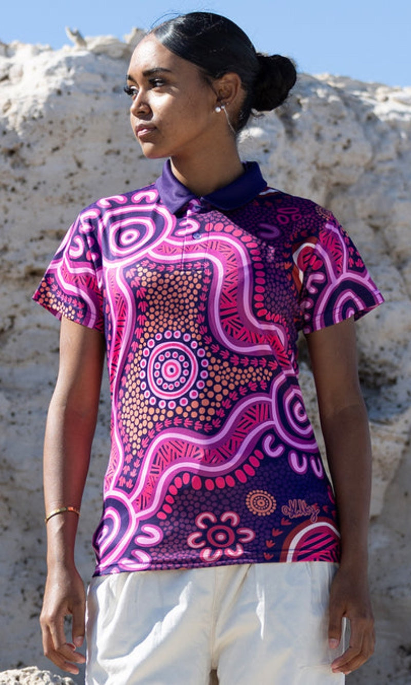 Aboriginal Art Ladies Fitted Polo Forage