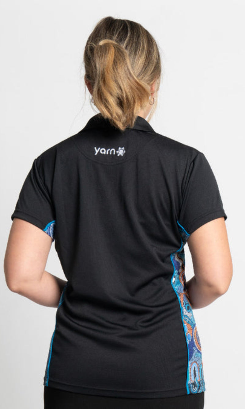 Aboriginal Art Ladies Fitted Bamboo (Simpson) Polo Calm Place
